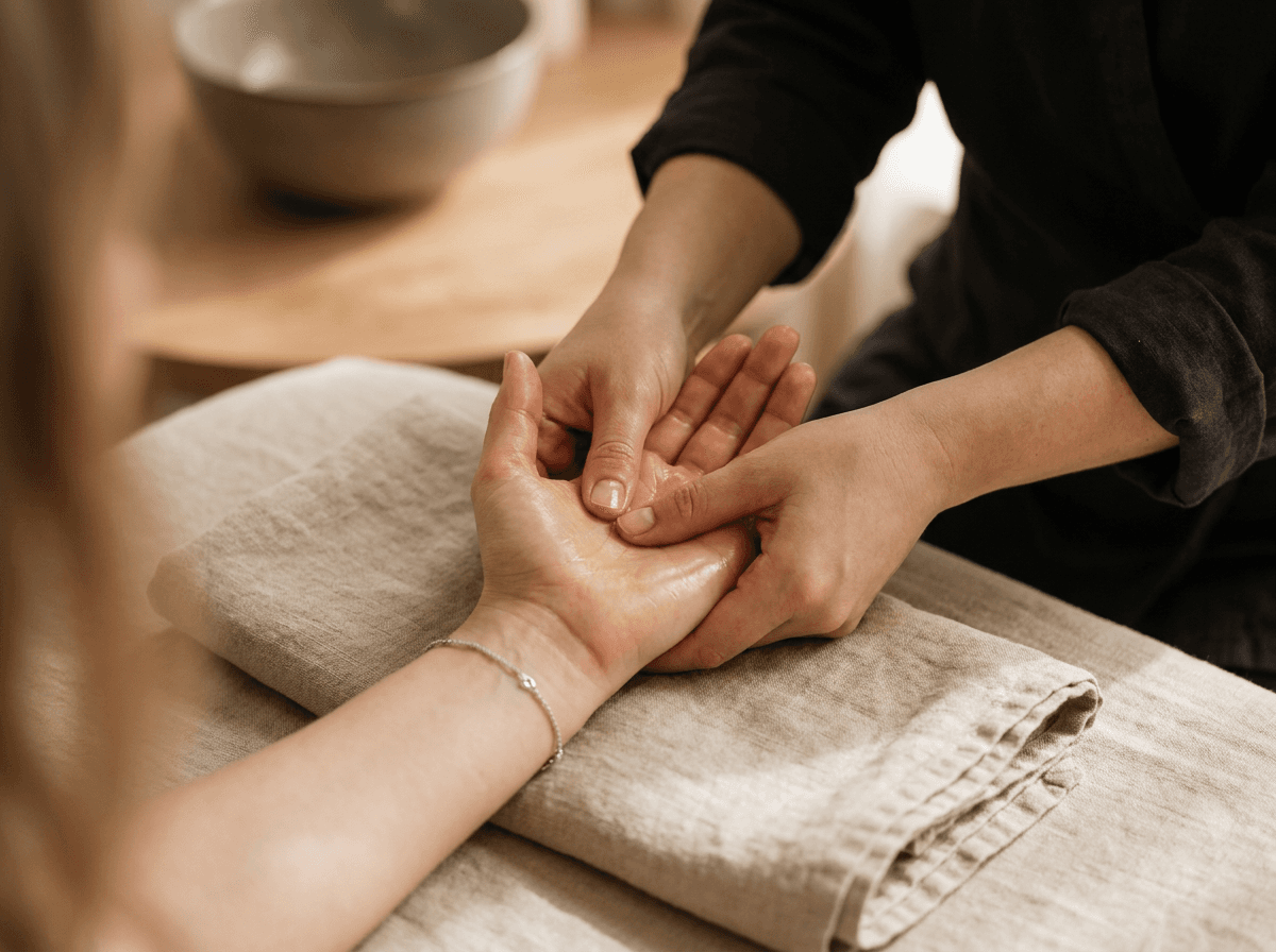 Practitioner performing gentle soft-tissue wrist and forearm therapy